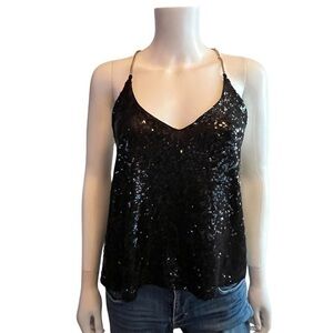Boutique Black Sequin Chain Spaghetti Straps Racerback Tank Top Size M